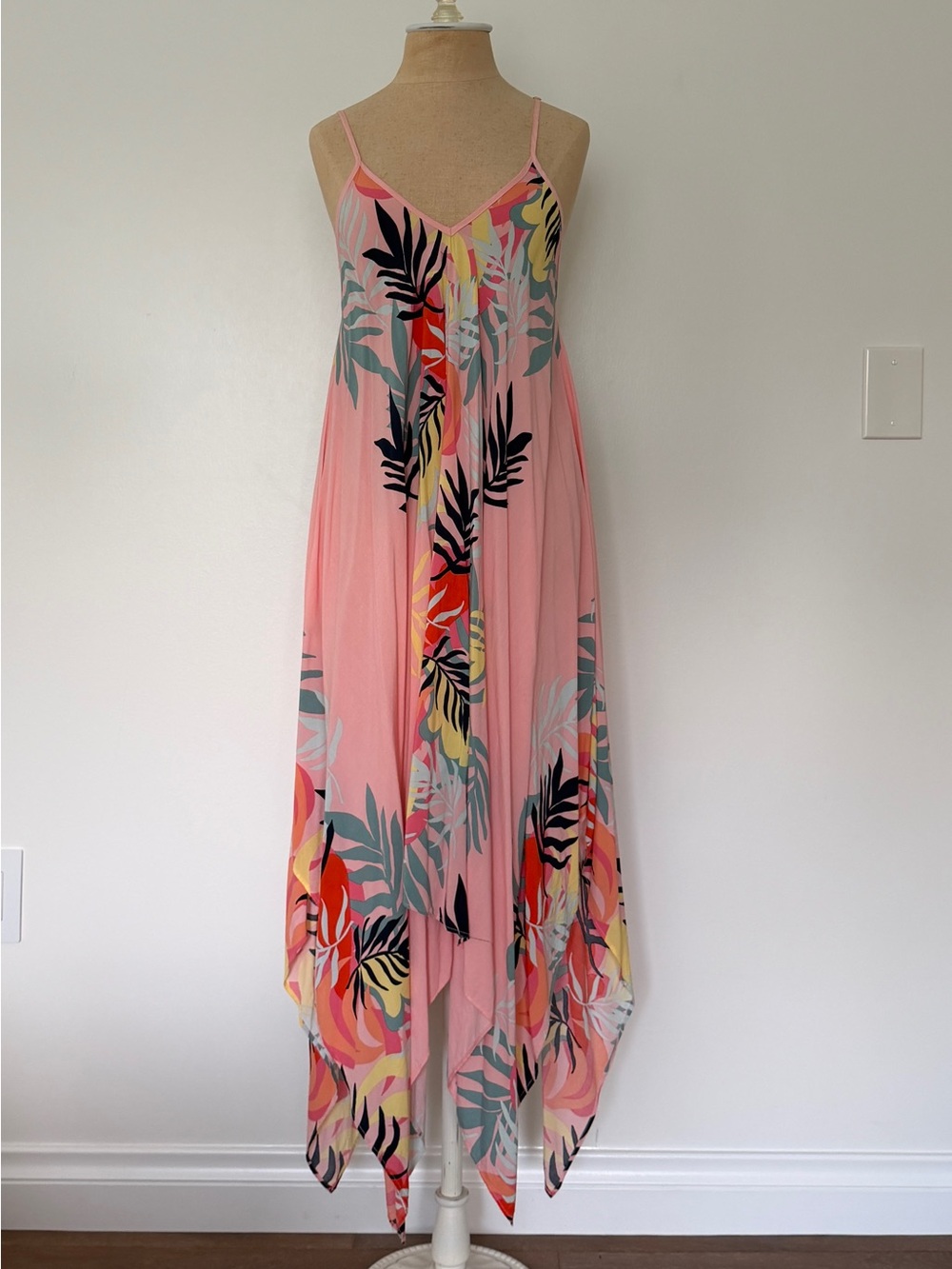 Forever 21 Pink Tropical Leaf Print Asymmetrical Maxi Dress